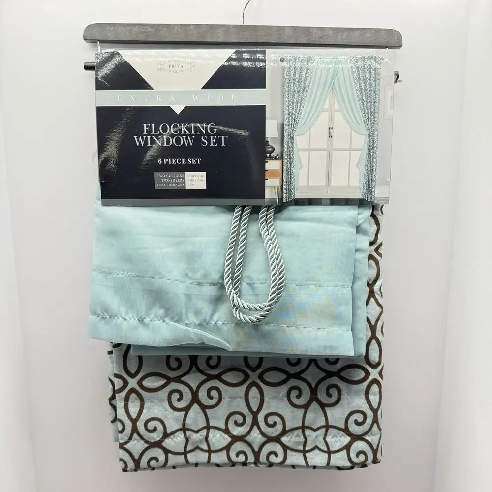 Curtain Panels & Sheers Set 2 Panels Sheers Tie Backs Spa Blue Chocolate Scroll
